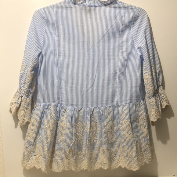 Suzanne Betro Blouse M Stripped Cotton 3/4 Sleeve Embroidered Boho Blue White - Picture 6 of 8